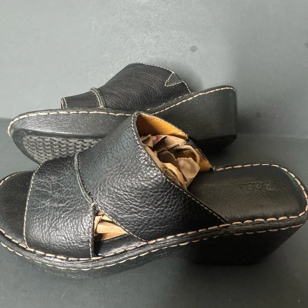 G.H. Bass Black Leather Wedge OpenToe Shoe Sandals Size 10